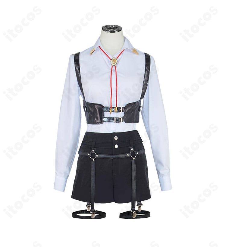 獅白ぼたん ワイシャツ衣装の装飾ディテール。コルセットベルトと太ももベルト、ネックレスの質感と配置が分かるアップ