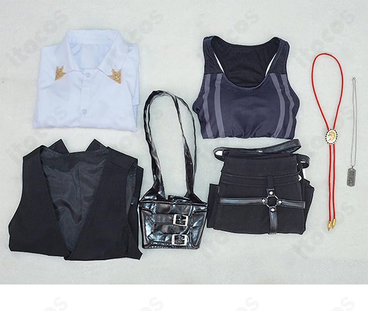 獅白ぼたん コスプレ衣装のセット内容一式。シャツ、スポーツブラ、ベスト、ショートパンツ、太ももベルト、ネックレス、コルセットベルトを並べた画像