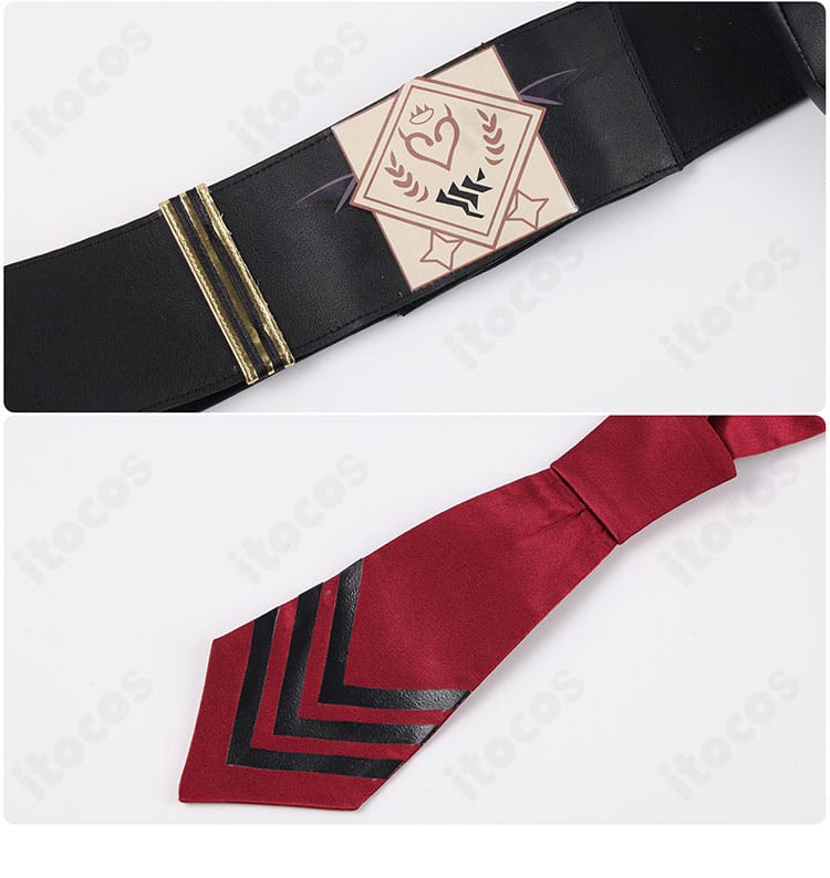 京極サツキ衣装のウエストベルトとネクタイ装飾。中心部のレイヤー感と金具ディテールを強調。