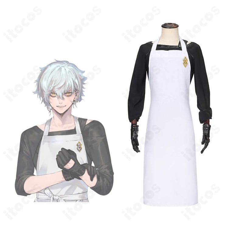 カドック・ゼムルプスのビジュアルと商品正面が並ぶ、FGOカドック エプロン姿コスプレ衣装のイメージ