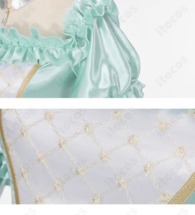 袖口と襟元の刺繍ディテール。繊細なステッチと装飾の仕上がりを示す。