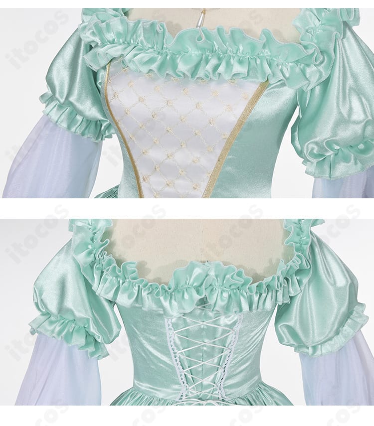 胸元と身頃の装飾ディテール。精巧な刺繍と装飾パーツの質感を強調したクローズアップ。