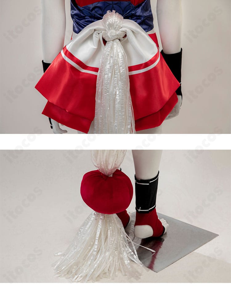 不知火舞 コスプレ衣装 尾側の装飾ディテール。背面から裾へ流れるラインとアクセントを強調。