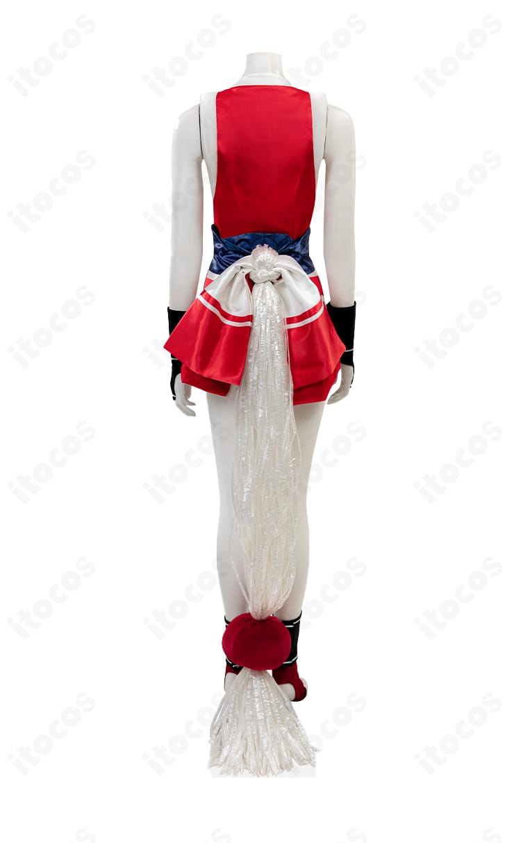 不知火舞 コスプレ衣装 背面図。象徴的な大きな蝶結びの立体感と結わえのボリュームを強調。