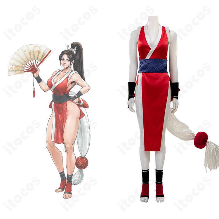 ザ・キング・オブ・ファイターズ 不知火舞 コスプレ衣装の正面とキャラクターイメージ。赤い装束と大きな背面リボンを高再現。