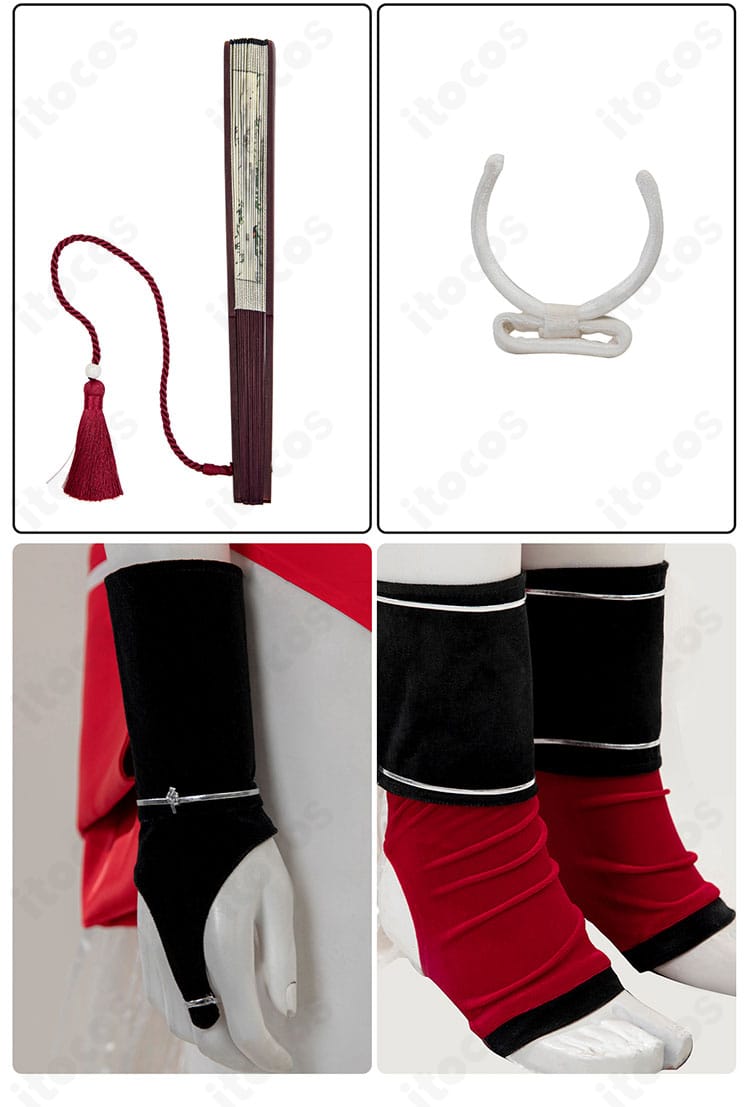 不知火舞 コスプレ衣装 小物一式。鉄扇、髪飾り、手首・足首飾り、靴下など細部まで揃った付属品。