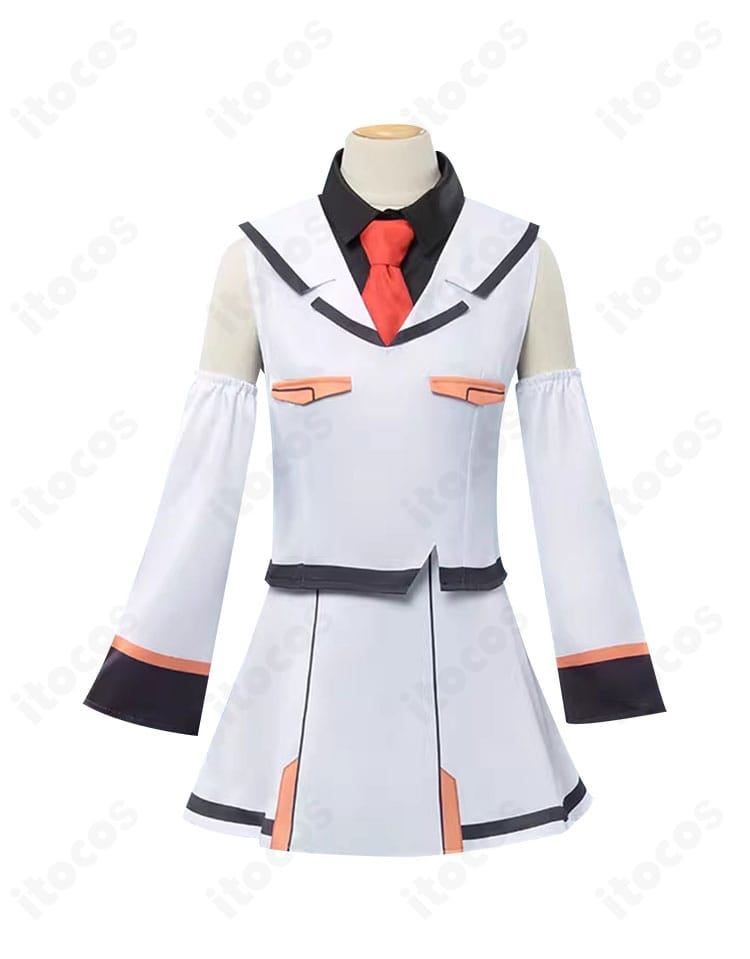 正面ビューの衣装単体。白ジャケットと赤系ネクタイ、ライン装飾まで再現したアイラ制服コス。
