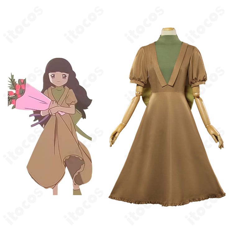 劇場版カードキャプターさくら 大道寺知世のコスプレ衣装をキャラクター画像と並置した正面比較カット