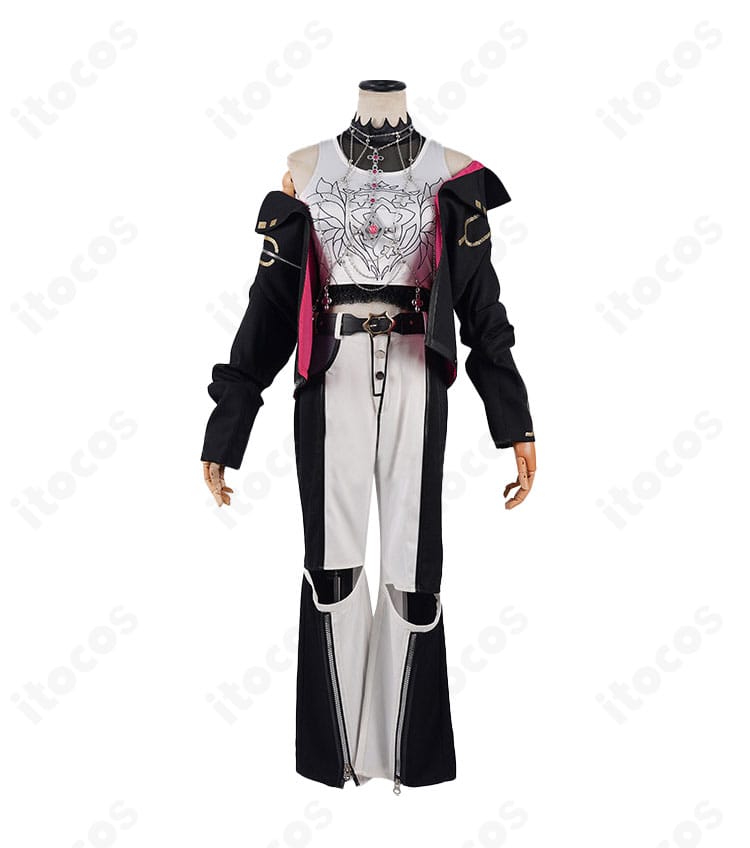 ホロライブ 響咲リオナ コスプレ衣装の正面全身。コートとトップス、パンツの配色とラインが確認できる高精度デザイン。