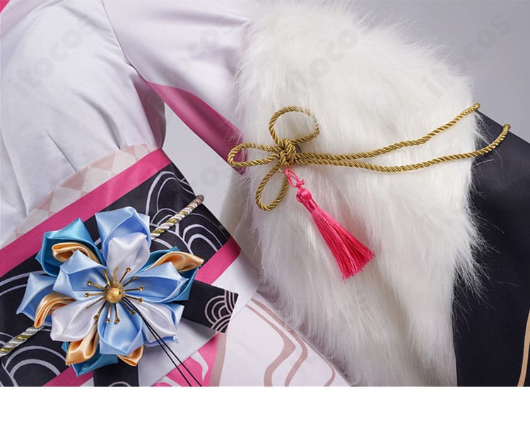 正月衣装コスプレのリボン装飾ディテール。結びの形状と質感を鮮明に表現