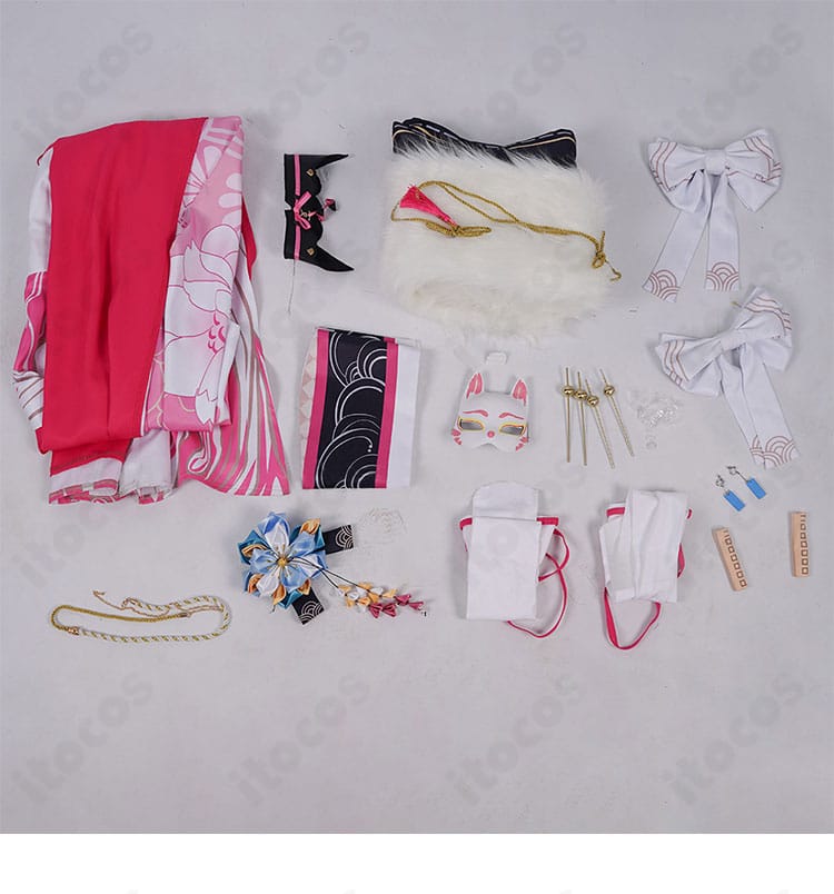 ラオーラ・パンテーラ正月衣装コスプレのセット展示。本体と装飾パーツのレイアウト例