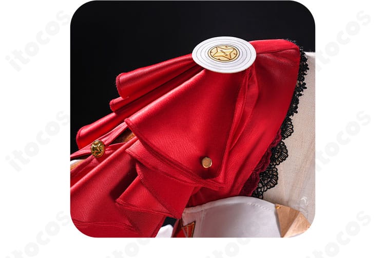 アストラ・ヤオ衣装 肩袖の装飾クローズアップ｜パネル配置と縫い合わせの精緻さを示す