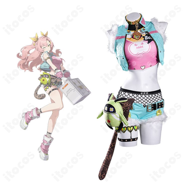 ゼンレスゾーンゼロ ニコ・デマラのコスプレ衣装とキャラクターイラストの融合カット。全体のシルエットとテック感を強調。