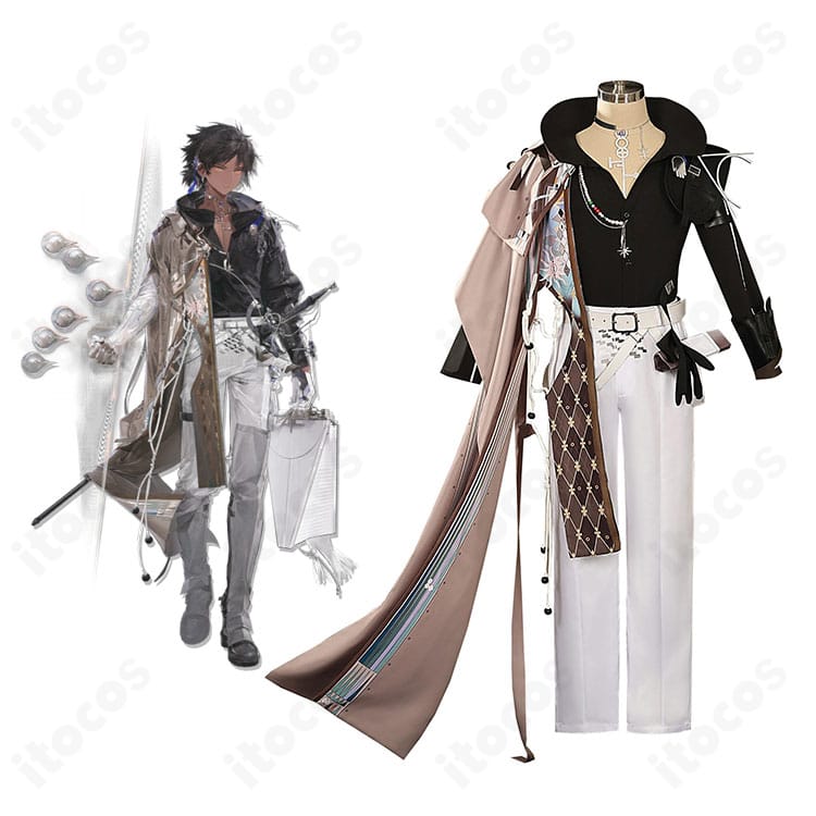 アークナイツ ソーンズ 引星コスプレ衣装の正面とキャラクター比較。配色・装飾・レイヤー構成を忠実に再現した全体像。