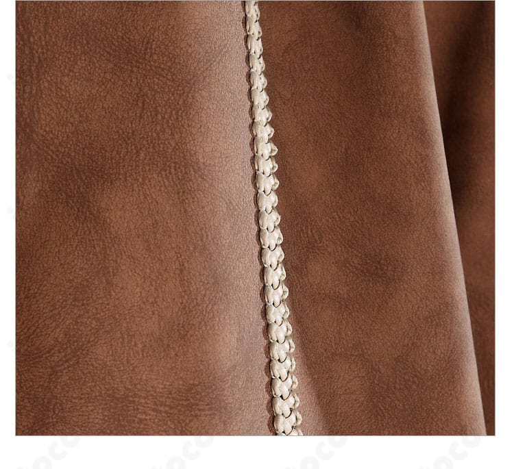 レザー調コート襟の装飾ディテール。留め具とエッジの仕上げ