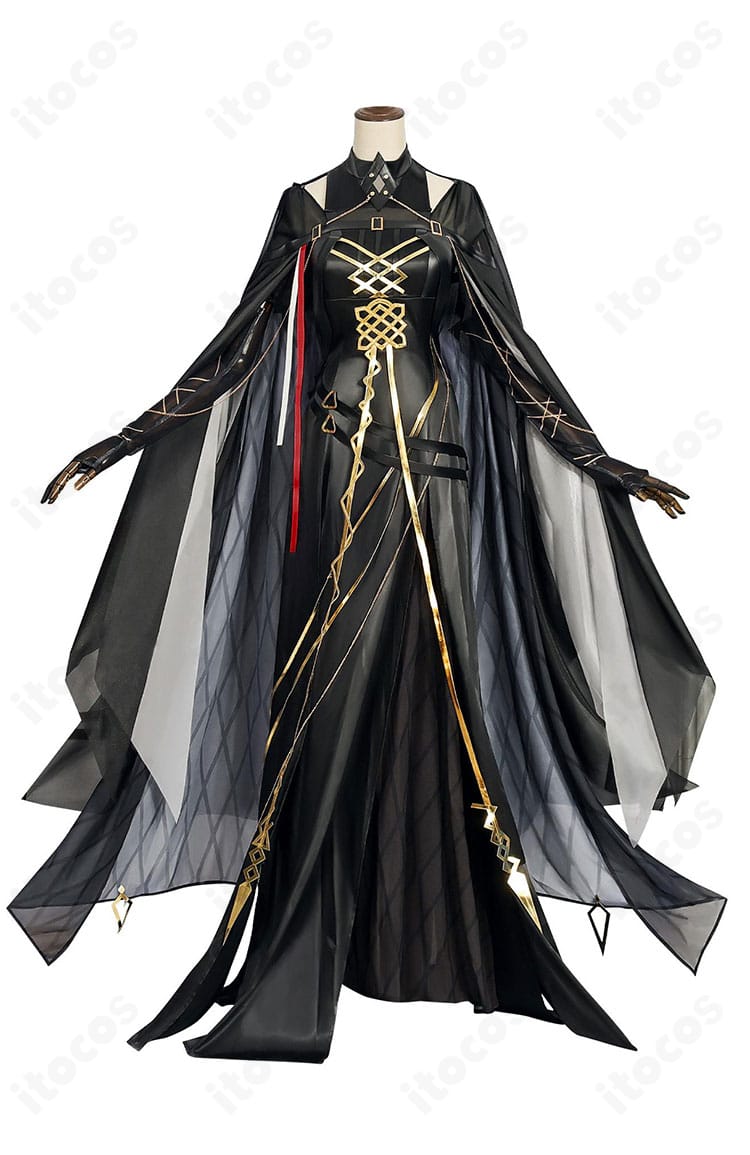 アークナイツ ラケラマリンのコスプレ衣装・正面全身。ローブとマントの重なりと精密な装飾を確認できる。