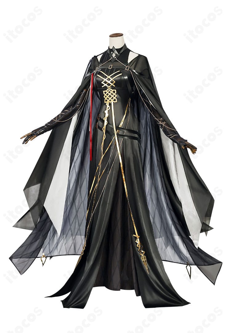 アークナイツ ラケラマリン衣装のサイドビュー。肩飾りと刺繍ディテール、腰回りのラインを詳細に示す。