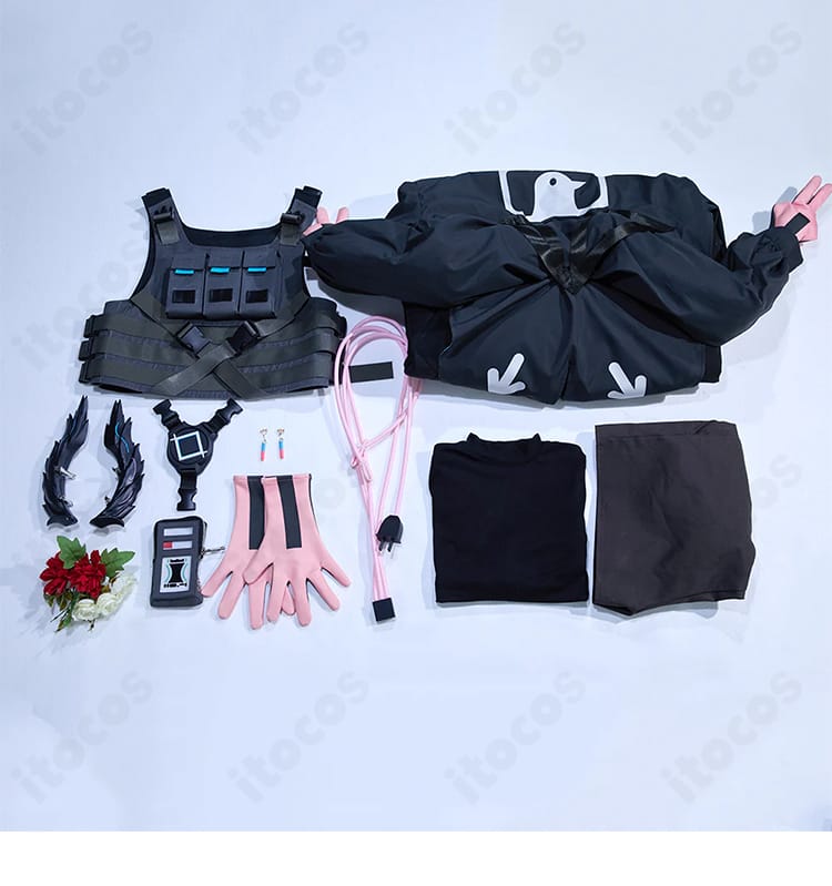 Raidiain コスプレ衣装セット内容一式のレイアウト画像。コート、ベスト、ショートパンツ、小物類が一覧で確認可能。