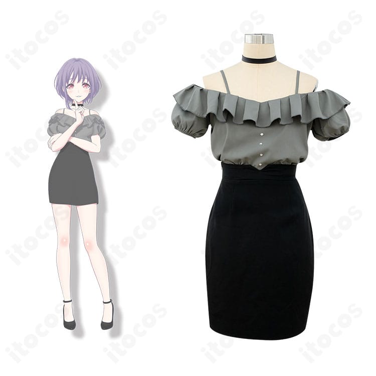 BanG Dream! It’s MyGO!!!!! 祐天寺にゃむのコスプレ衣装とキャラクターイメージを並べた正面画像。主要パーツの全体感が分かる構図。