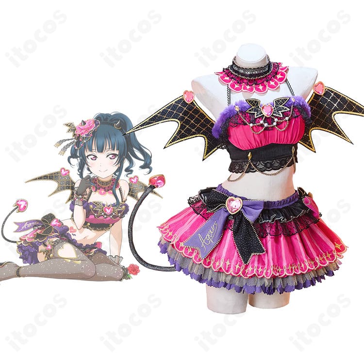 津島善子 小悪魔編コスプレ衣装の正面全体とキャラクター画像の比較カット