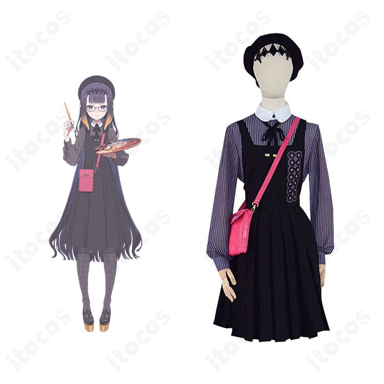 ホロライブ 一伊那尓栖 私服コスプレ衣装の全体像。シャツとサロペットに小物を合わせたフルコーデを高再現で撮影