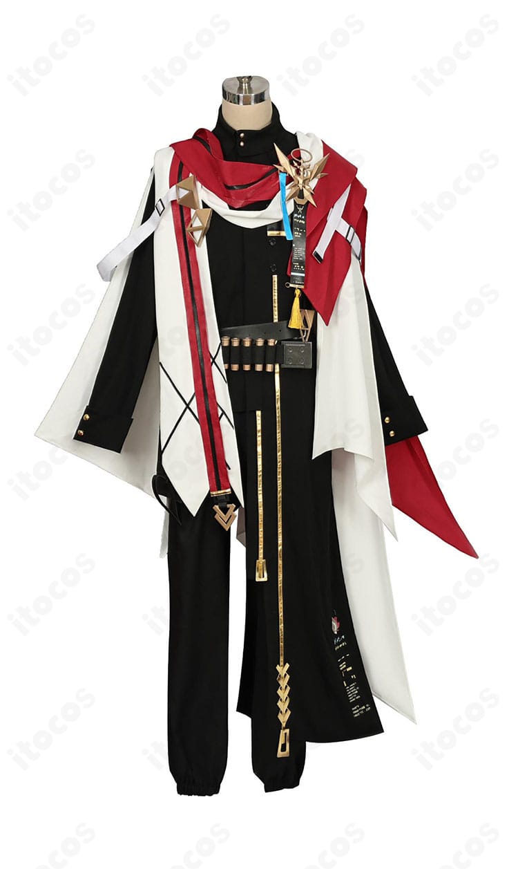 アークナイツ エグゼキューター聖約コスチュームの正面全体像。トップスとズボンのシルエット、胸元の金具やマフラーの質感が確認できる。イベント・撮影向け。