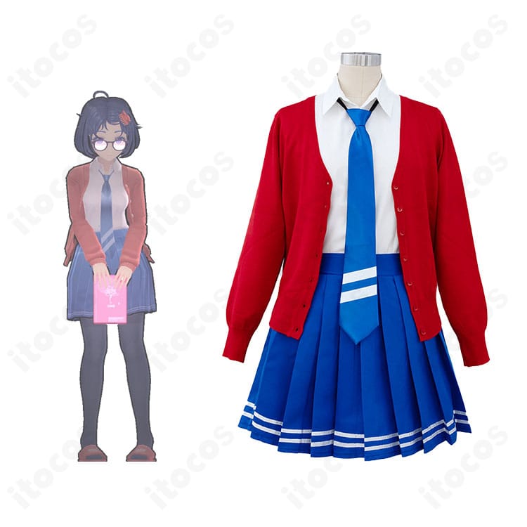 MiSide ミラのコスプレ衣装とキャラクター比較。正面からの全身と眼鏡・髪飾りのディテールを示すイメージ