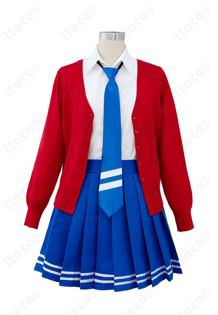 MiSide ミラ コスプレ衣装の正面全体像。学園制服スタイルのコート・シャツ・ネクタイ・スカートのバランスが分かる写真