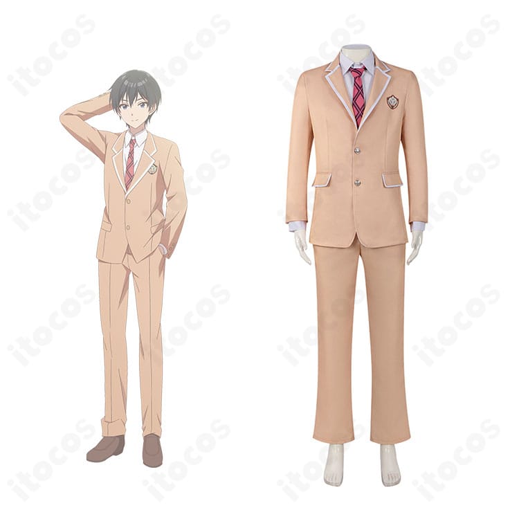 北条才人の学園制服コスプレ一式を着用した正面全身。端正なブレザーとネクタイでキャラクターの雰囲気を忠実に再現。