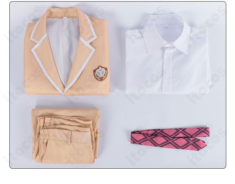 北条才人コスプレのセット内容一式。コート（ブレザー）、シャツ、ズボン、ネクタイの4点が揃う。