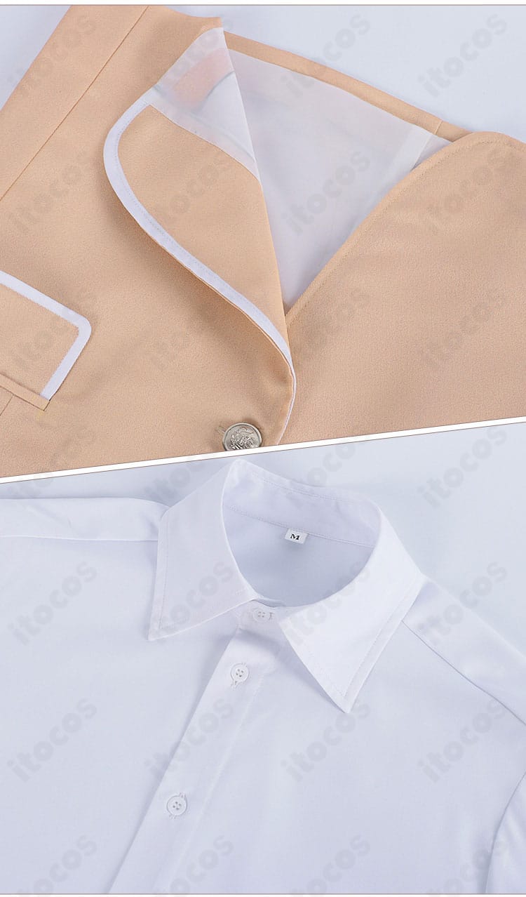 北条才人コスプレのブレザー裾とシャツ襟の装飾細部。ステッチワークが撮影映え。