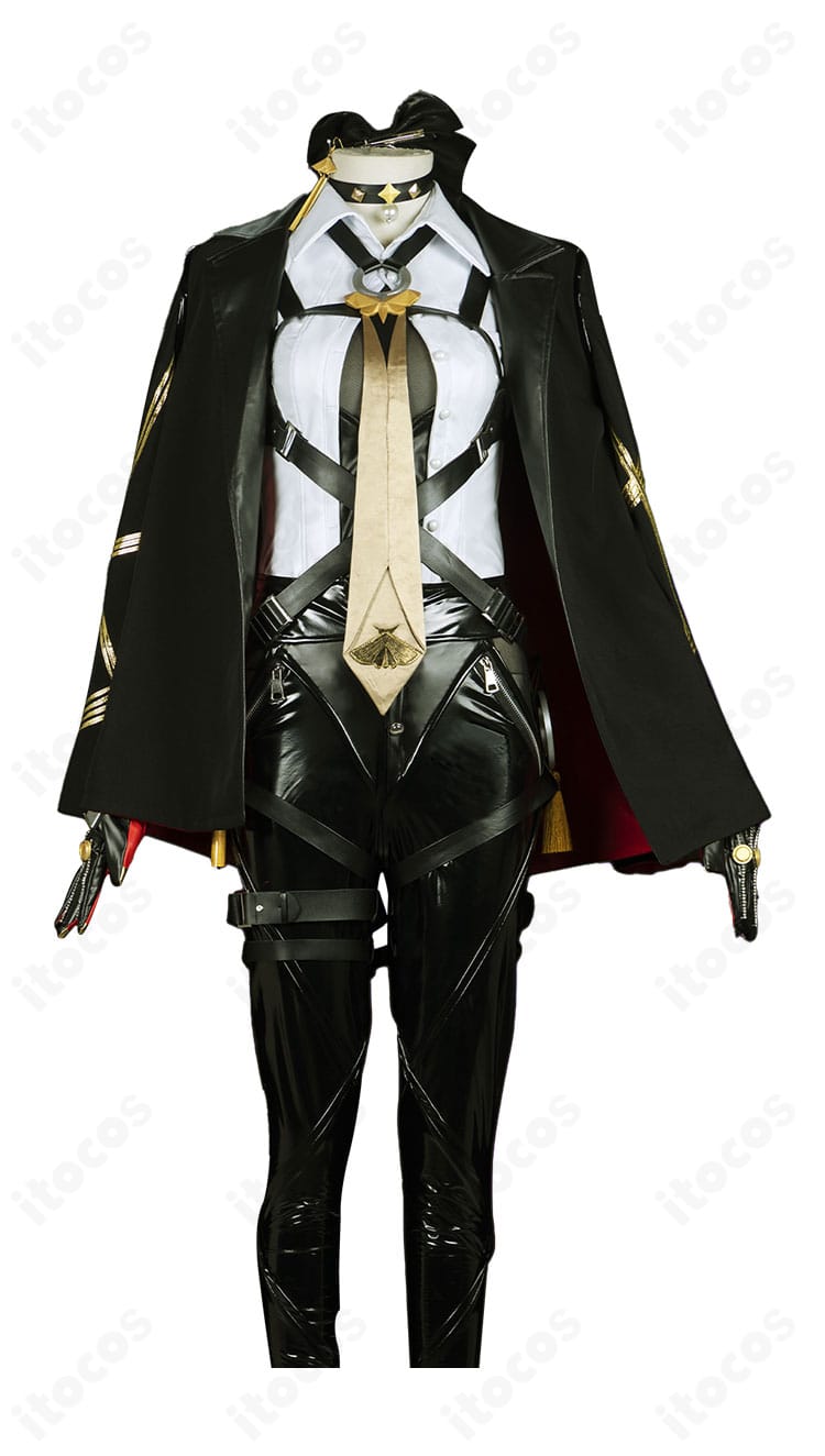 衣装正面のディテール。ネクタイ飾りやインナーの配置、前身頃のラインが確認できる高再現コスプレ衣装