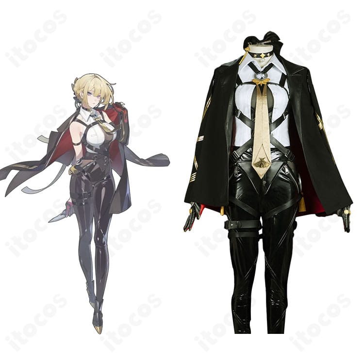 正面全体が分かるイヴリン・シェヴァリエのコスプレ衣装。コートとスーツ調コーデで作品イメージを高再現