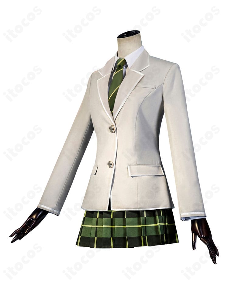 豊川祥子 制服コスの側面ディテール。スカートの均一プリーツとブレザーのウエストラインを強調。