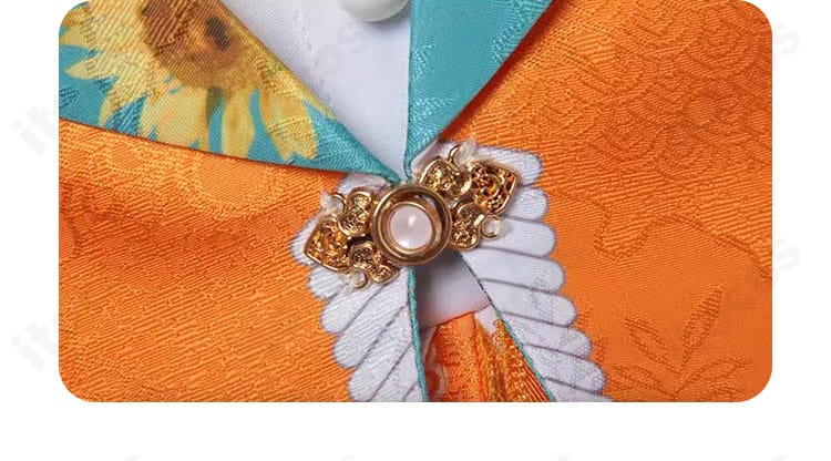 前立てボタンのアップ。配置バランスと縫製が分かるディテールで、キャラクターらしさを表現。