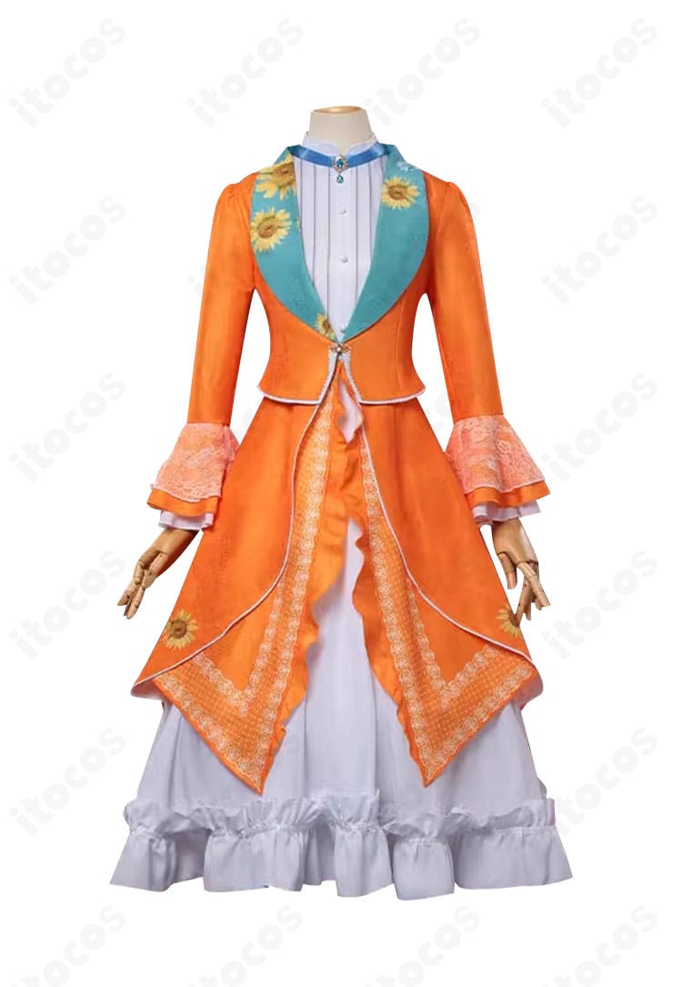 第五人格 記者 アリス・デロス（ミズ・ワトソン）のコスプレ衣装全体。コートとドレスのラインが強調された正面全景。