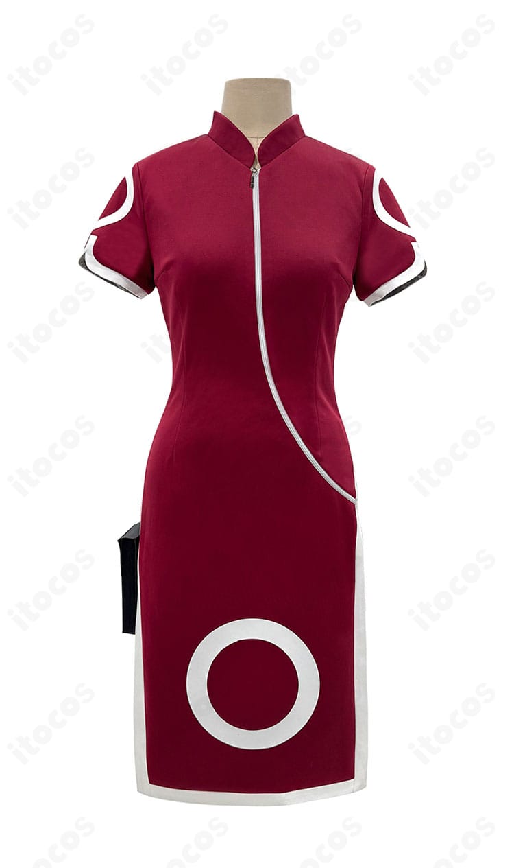 NARUTO 春野サクラのチャイナドレスコスプレ衣装・正面全身。高発色生地と花柄刺繍でキャラクター性を華やかに表現。