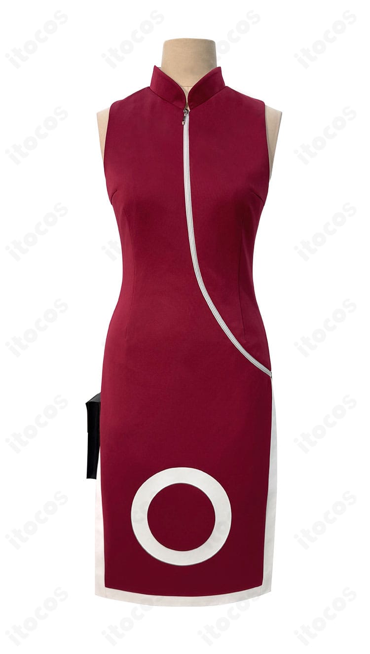 チャイナドレス前面のディテール。立ち襟、パイピング、花柄の配置がわかるクローズアップ。