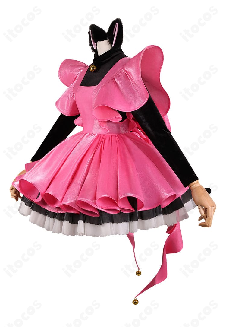 側面から見た全体シルエット。フレアなワンピースラインと猫しっぽの配置が確認できる画像。