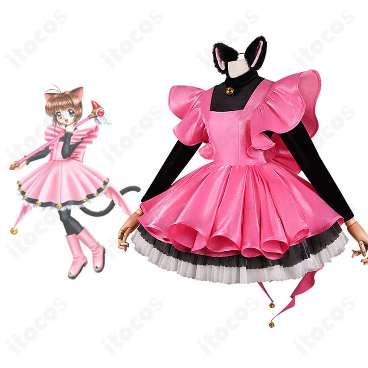 木之本桜のサンダー封印バトルコスチュームを着用したモデル全身。猫耳・鈴チョーカー・背面リボンまで揃った高再現セット。