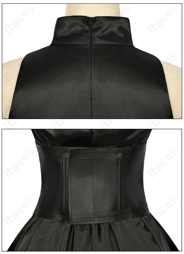 金色の闇 衣装背面の装飾ディテール。意匠パーツの配置と縫製の仕上がりを拡大表示。