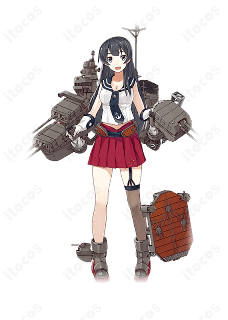 艦隊これくしょん 阿賀野 通常ver. のコスプレ衣装を着用したモデルとキャラ比較。セーラー風トップスとスカート、装飾ベルト、手袋まで高再現のディテールが分かる画像。