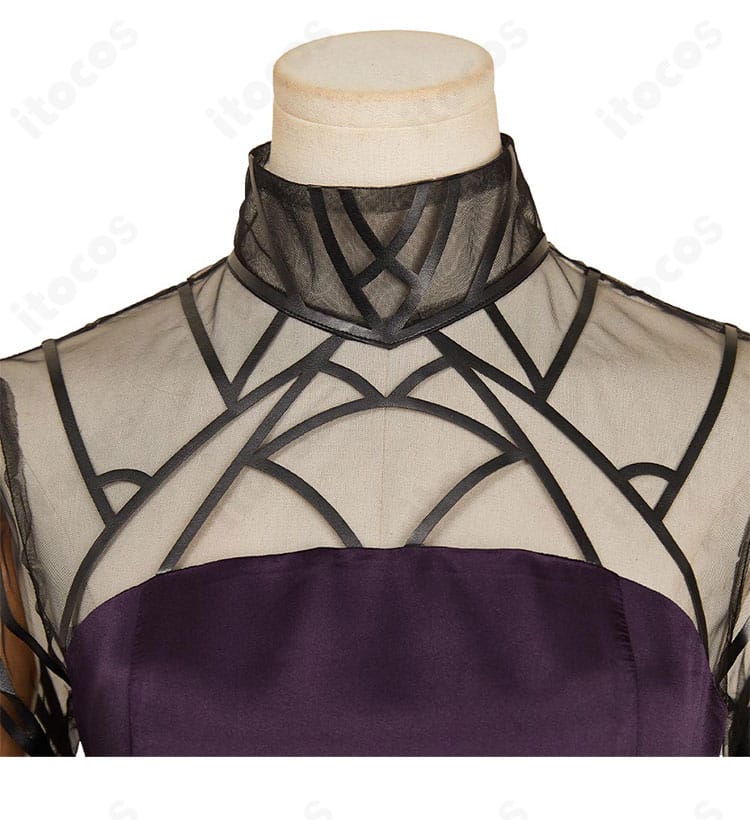 SAKAMOTO DAYS 大佛 黒いドレス コスプレ衣装 衿元装飾アップ。上品な刺繍と縁取りの質感ディテール