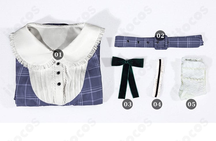 セット内容一式の平置き画像。ワンピース・ベルト・リボン・チョーカー・靴下が揃い、初心者もすぐに再現可能。