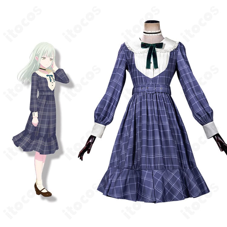 BanG Dream! Ave Mujica 若葉 睦のコスプレ衣装。チェック柄ワンピースの正面と公式キャラ比較で再現度を確認できる画像。