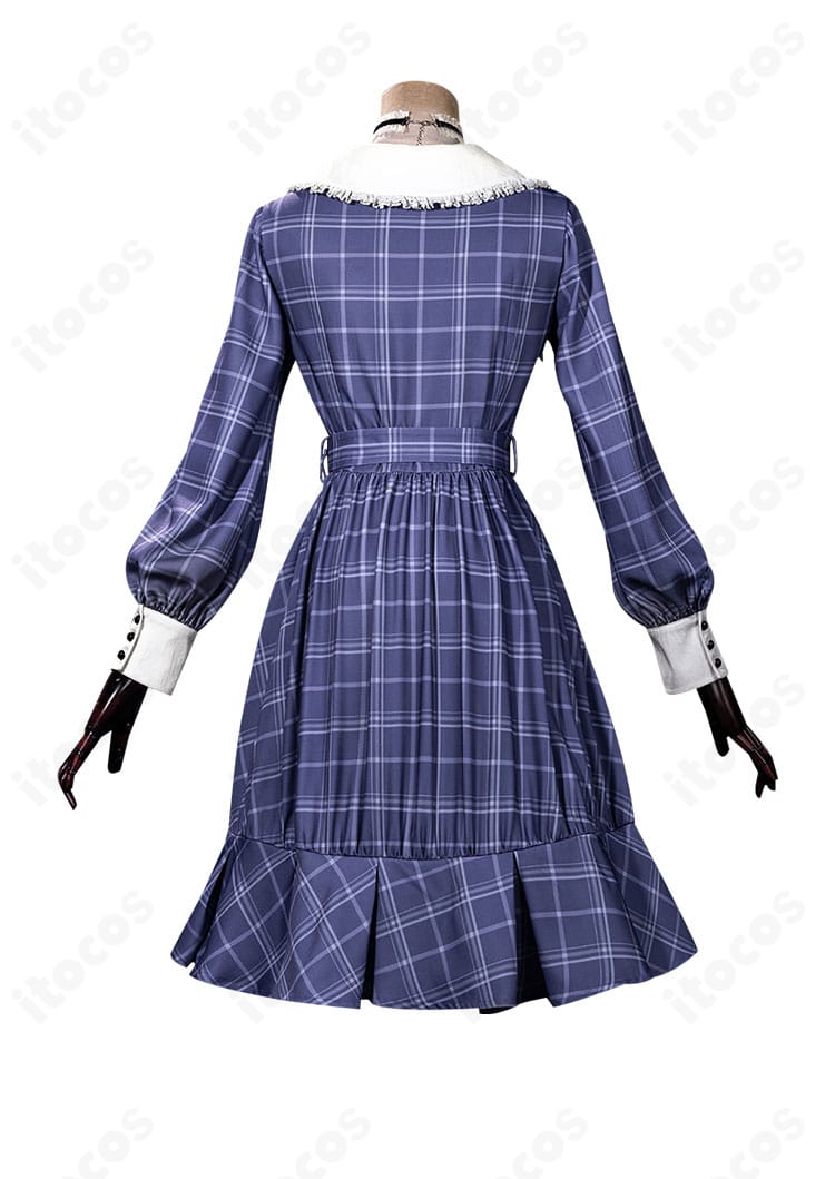 若葉 睦 コスプレ衣装の背面デザイン。チェック柄ワンピースの後ろ姿とシルエットの見え方を示す画像。