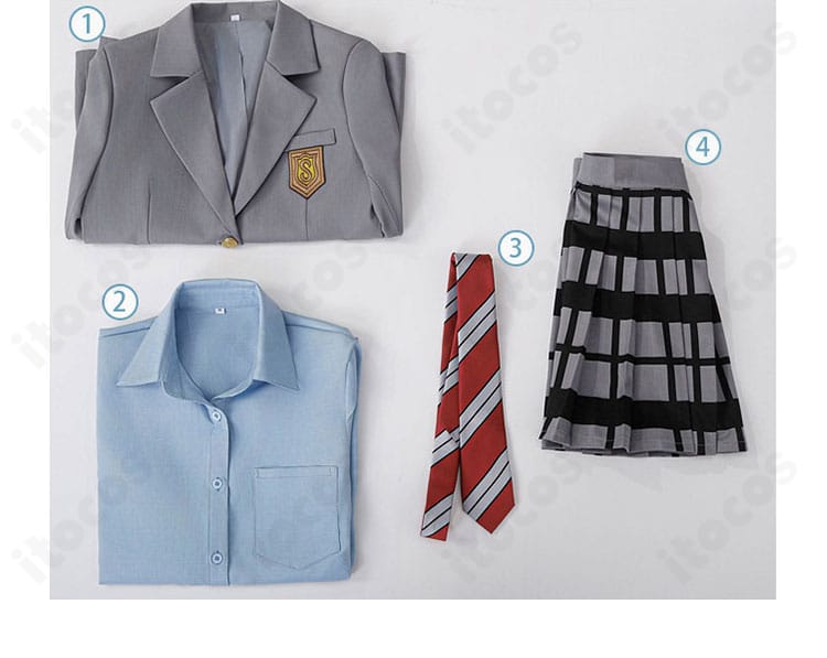 四月は君の嘘 制服コスプレのセット内容一覧。ブレザー（コート）・シャツ・ネクタイ・スカートの4点セット。