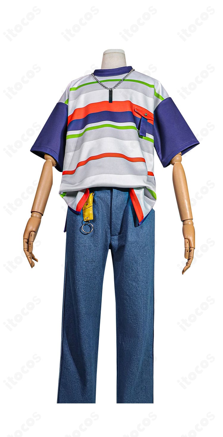 椎名ニキ コスプレ衣装 私服2 春夏Verの正面全身ショット。トップスとパンツのコントラストとアクセの位置を忠実再現。