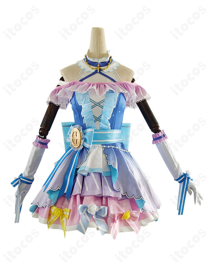 スクフェス版 園田海未 コスプレ衣装の正面全身ショット。ワンピースのラインと装飾配置が分かります。