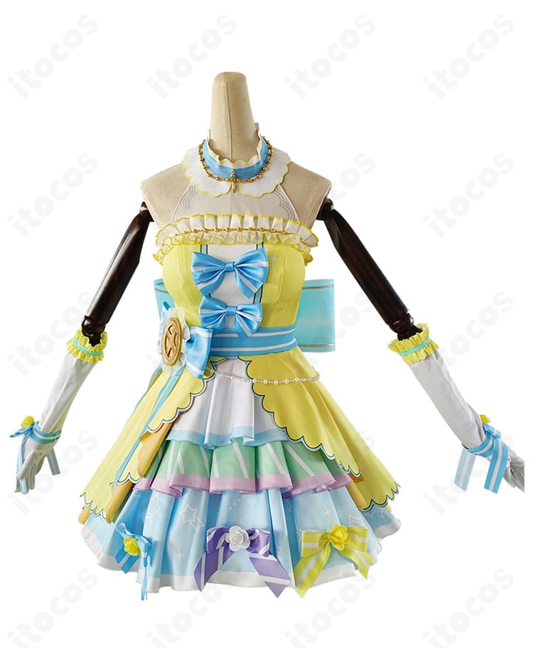 ラブライブ！スクフェス 星空凛 コスプレ衣装 正面全身。高発色ワンピースの色合いと生地の質感が分かるショット。